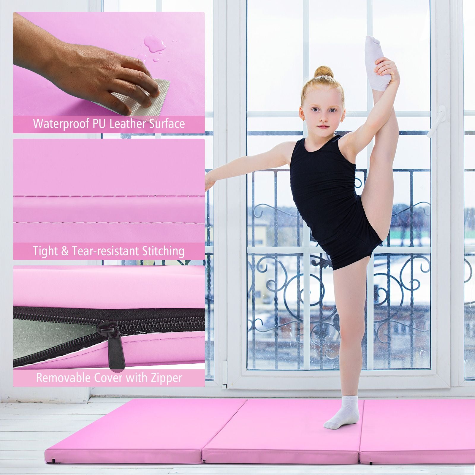 Folding Gymnastics Mat with Carry Handles Hook and Loop Fasteners