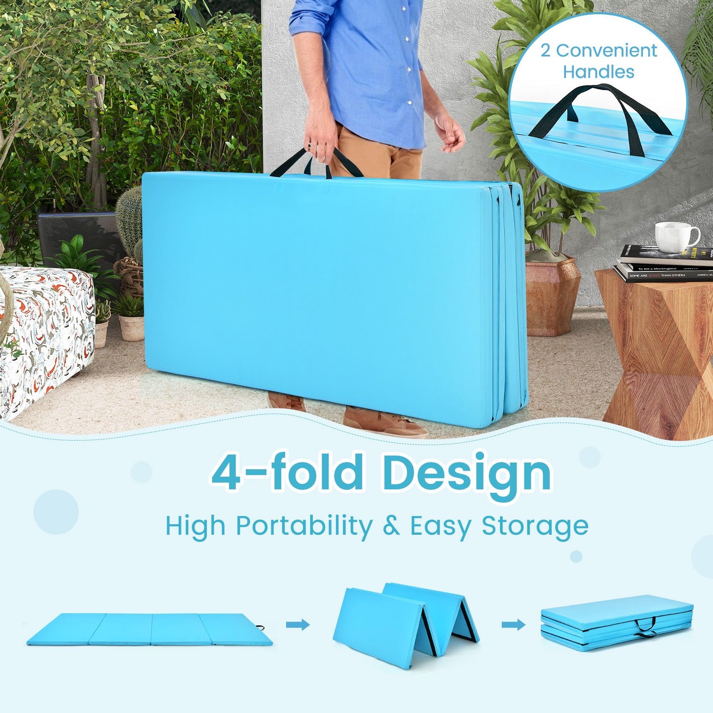 Folding Gymnastics Mat with Carry Handles Hook and Loop Fasteners